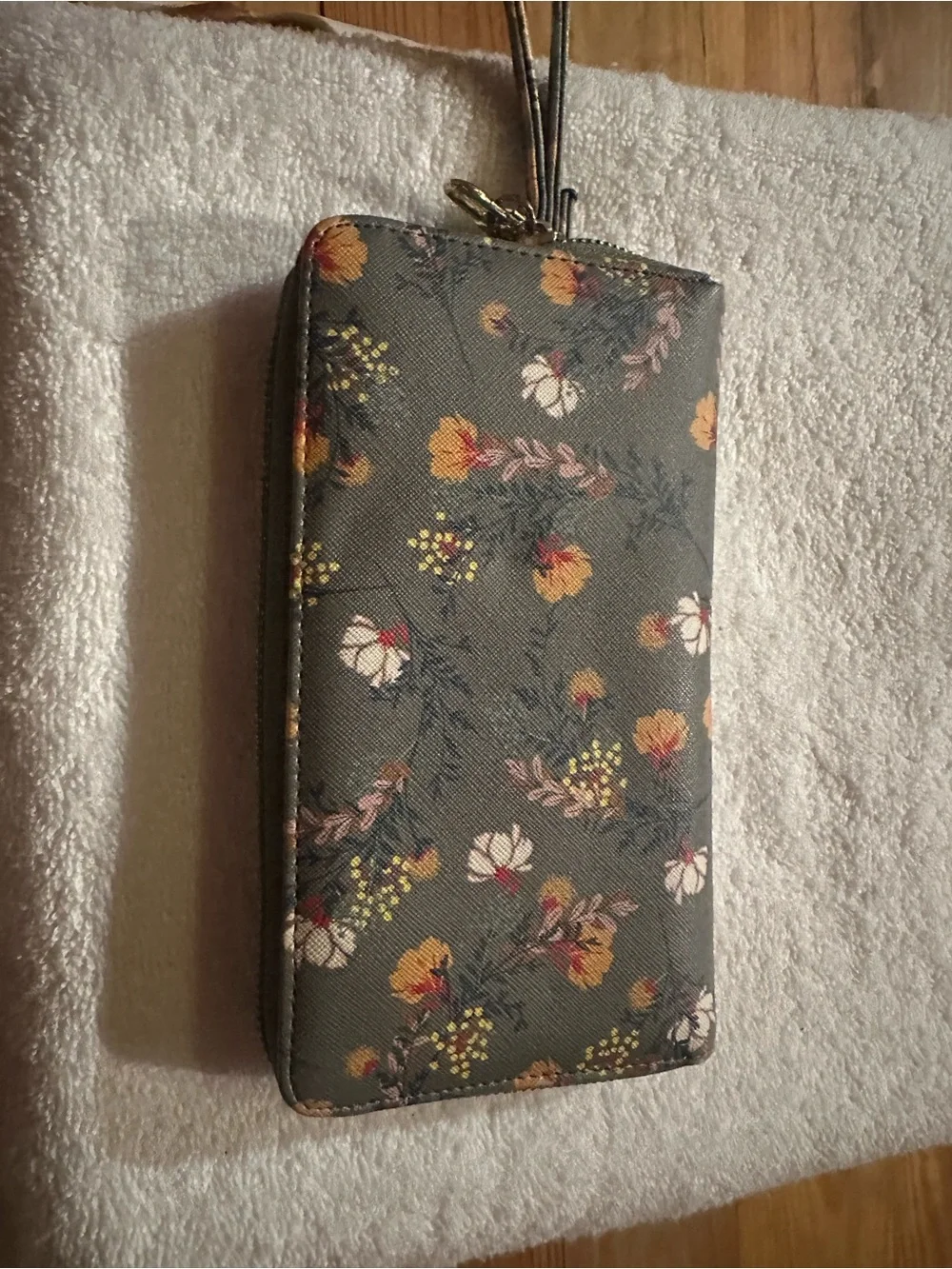 Steve Madden Floral Wristlet Clutch in Gray with Yellow, White, and Pink Accents